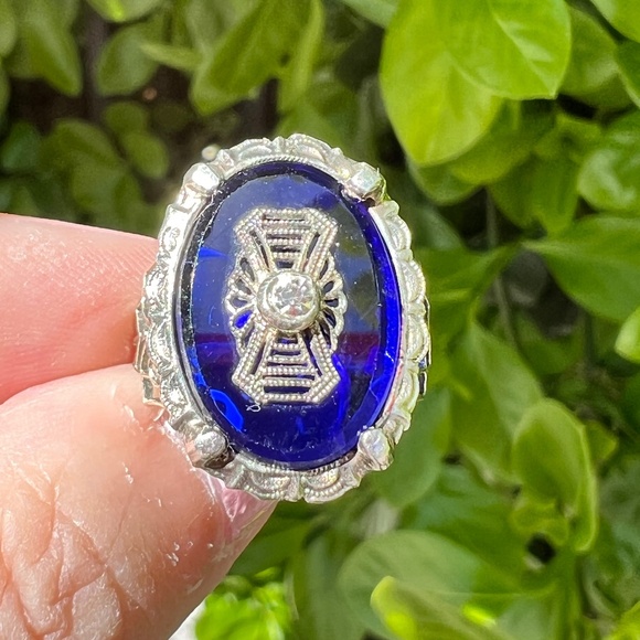 VINTAGE ART DECO ROYAL BLUE PASTE GLASS STERLING SILVER RING ORNATE SETTING